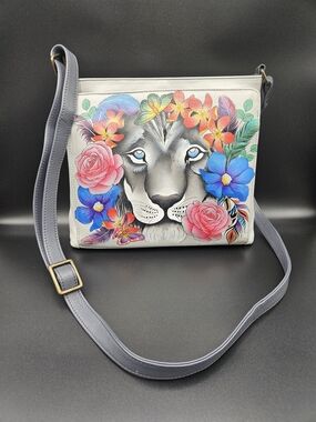 Anuschka Gray Crossbody with Colorful Floral Lion Motif